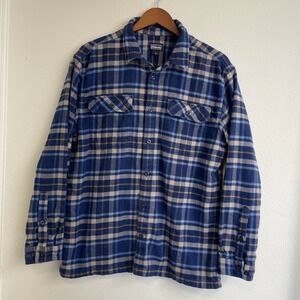 Patagonia Mens Long-Sleeved Fjord Flannel Shirt Large Navy Blue Organic Cotton